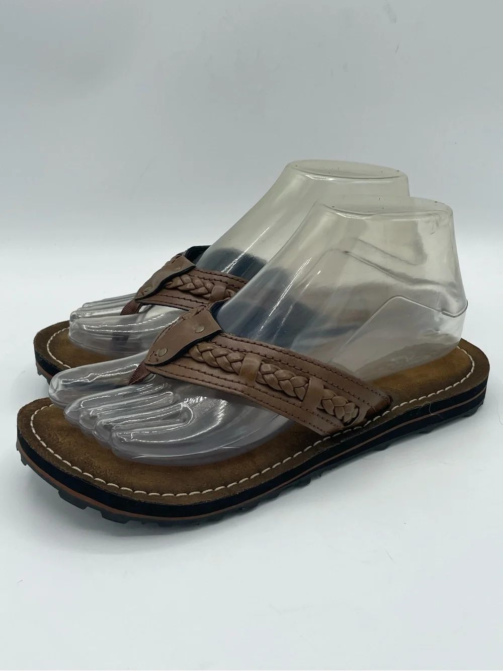 Clarks Collection Women’s Brown Braided Leather Toe-Post Sandals.